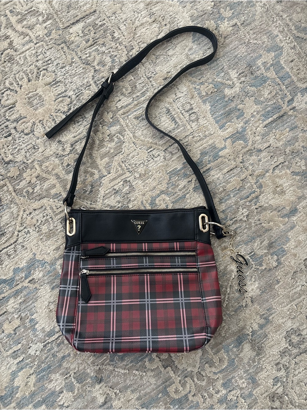 Guess Red Tartan Plaid Crossbody with Black Trim and Logo Charm